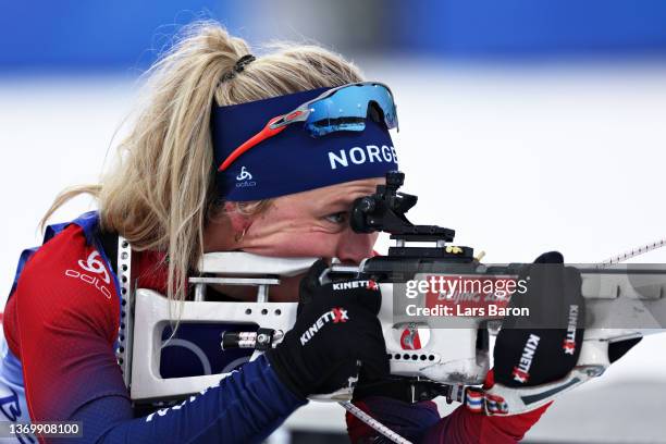 Tiril Eckhoff of Team Norway shoots in the prone position during Women's Biathlon 7.5km Sprint at National Biathlon Centre during day 7 of Beijing...