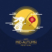 happy mid autumn festivel - white gold rabbit hold red lantern on clude and full moon night on blue background vector design
