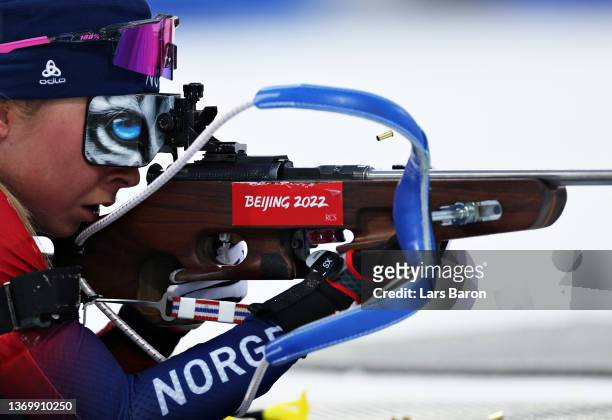 Ingrid Landmark Tandrevold of Team Norway shoots during the Women's Biathlon 7.5km Sprint at National Biathlon Centre during day 7 of Beijing 2022...
