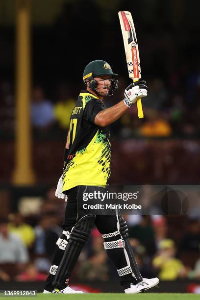 Ben McDermott of Australia celebrates his half century during game one in the T20 International series between Australia and Sri Lanka at Sydney...