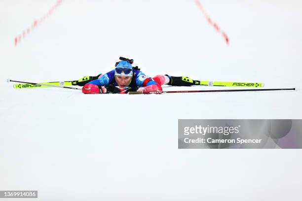 Irina Kazakevich of Team ROC reacts during Women's Biathlon 7.5km Sprint at National Biathlon Centre during day 7 of Beijing 2022 Winter Olympics on...
