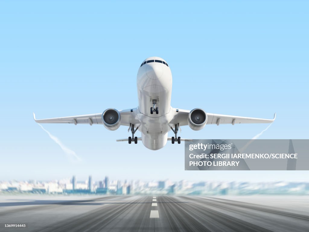 Passenger aeroplane taking off, illustration