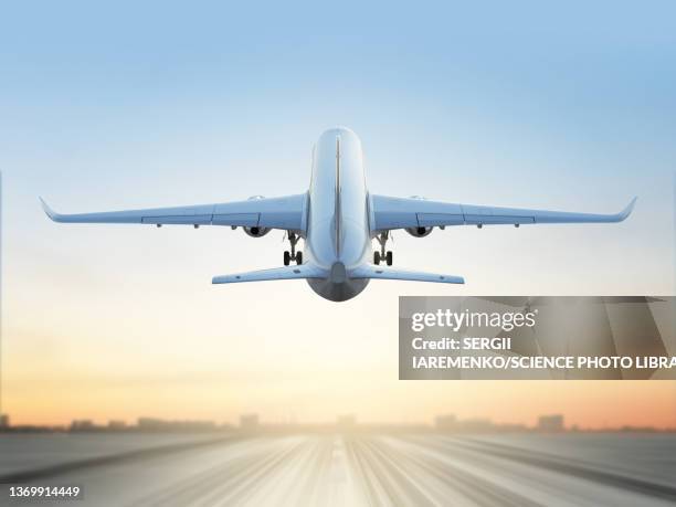 aeroplane taking off a runway, illustration - flugfeld stock-grafiken, -clipart, -cartoons und -symbole