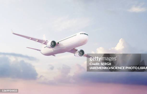 illustrazioni stock, clip art, cartoni animati e icone di tendenza di passenger aeroplane flying, illustration - aeroplano