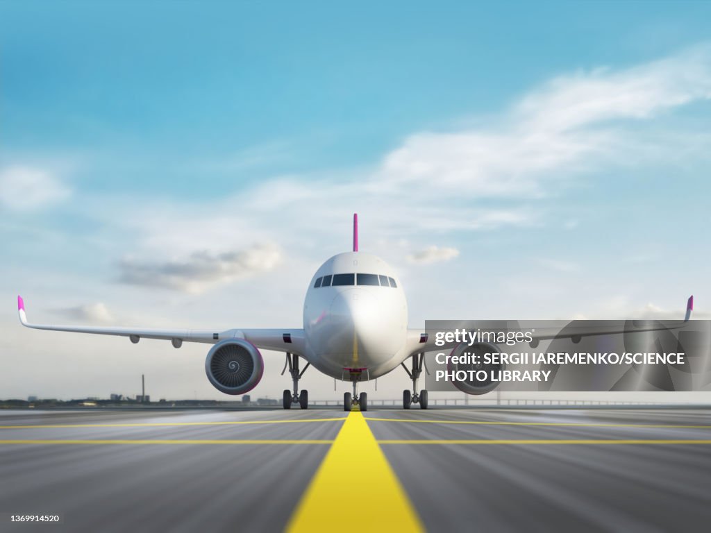 Aeroplane standing on airport runway, illustration