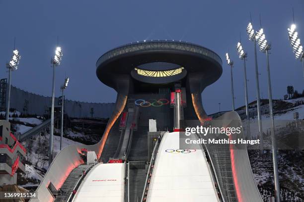 General view of the jump ramp prior to the Men's Large Hill Individual Trial Round for Qualification on day 7 of Beijing 2022 Winter Olympics at...