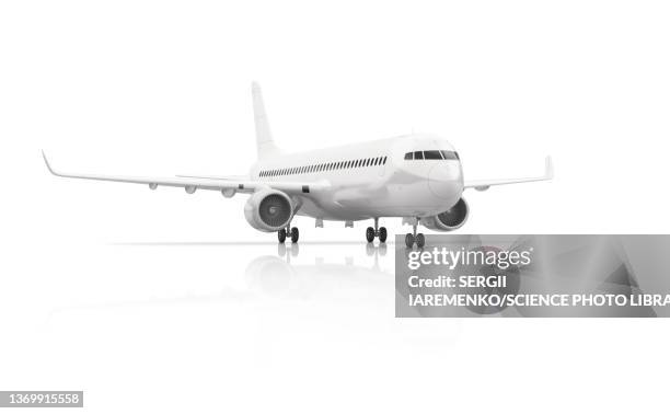 passenger turbojet aeroplane, illustration - plane white background stock illustrations