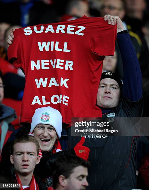 Liverpool fans show their support for Luis Suarez during the Barclays Premier League match between Liverpool and Stoke City at Anfield on January 14,...