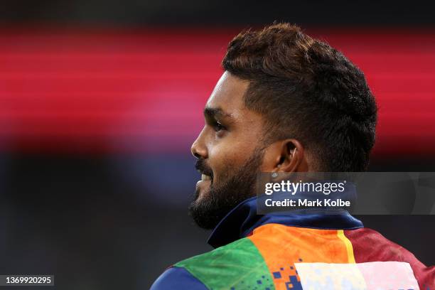 Wanindu Hasaranga de Silva of Sri Lanka looks on during game one in the T20 International series between Australia and Sri Lanka at Sydney Cricket...