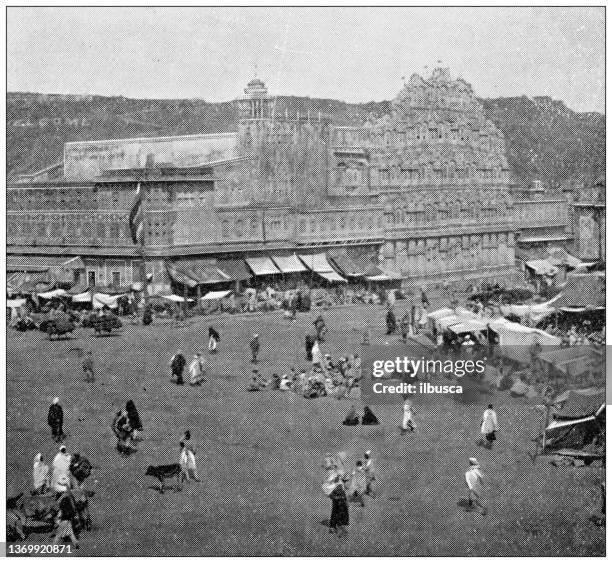 antique travel photographs of india: hall of the winds - jaipur market stock illustrations