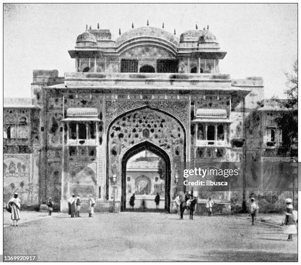 antique travel photographs of india: maharajah's palace entrance - mysore-palace stock illustrations