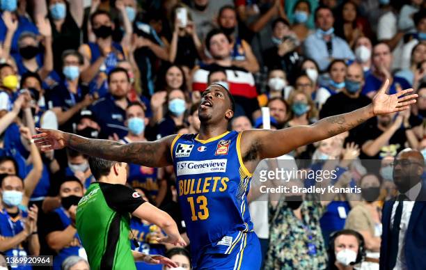 Lamar Patterson of the Bullets celebrates victory after the round 11 NBL match between Brisbane Bullets and Adelaide 36ers at on February 11 in...