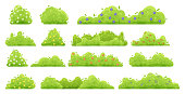 Green bushes with flowers. Cartoon forest and park shrubbery with flowers. Vector decorative hedge isolated set