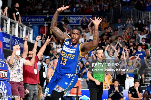 Lamar Patterson of the Bullets celebrates after making a slam dunk during the round 11 NBL match between Brisbane Bullets and Adelaide 36ers at on...