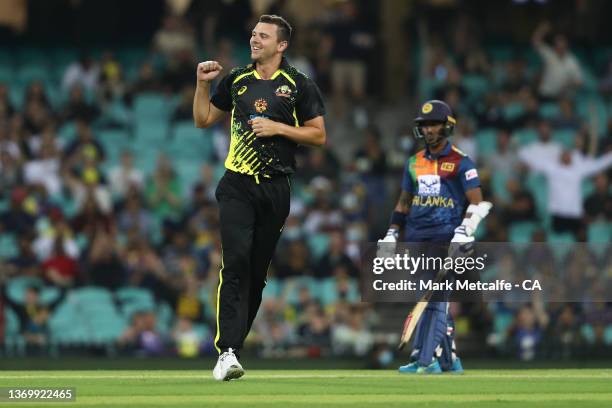 Josh Hazlewood of Australia celebrates taking the wicket of sdgduring game one in the T20 International series between Australia and Sri Lanka at...
