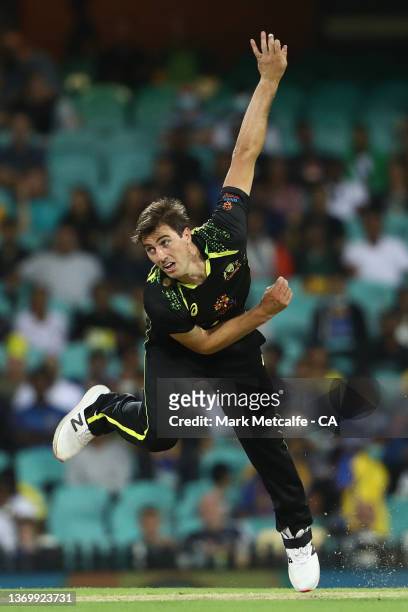 Pat Cummins of Australia bowls during game one in the T20 International series between Australia and Sri Lanka at Sydney Cricket Ground on February...
