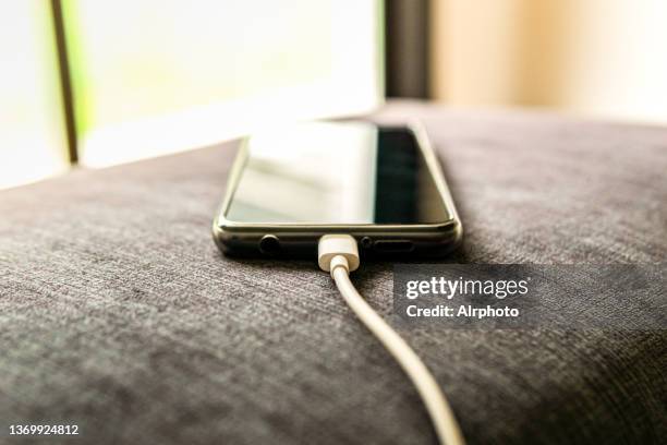 a mobile charging with views of a garden - cargador de móvil fotografías e imágenes de stock