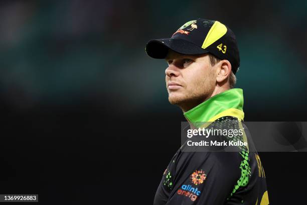 Steve Smith of Australia watches on during game one in the T20 International series between Australia and Sri Lanka at Sydney Cricket Ground on...