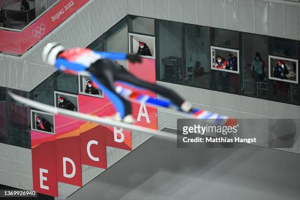 Radek Rydl of Team Czech Republic competes as judges watch on during the Men's Large Hill Individual Qualification round on day 7 of Beijing 2022...
