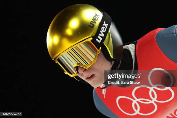 Danil Sadreev of Team ROC competes during the Men's Large Hill Individual Qualification round on day 7 of Beijing 2022 Winter Olympics at National...