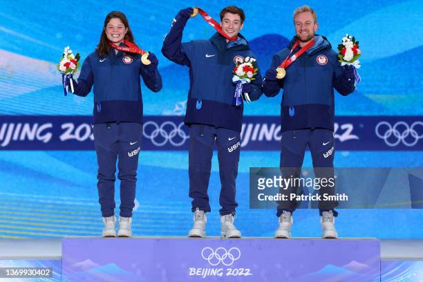 Gold medallists, Ashley Caldwell, Christopher Lillis and Justin Schoenefeld of Team United States celebrate with their medals during the Freestyle...