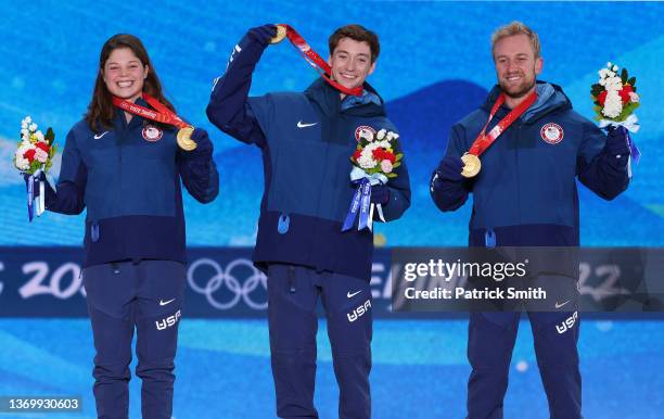 Gold medallists, Ashley Caldwell, Christopher Lillis and Justin Schoenefeld of Team United States celebrate with their medals during the Freestyle...