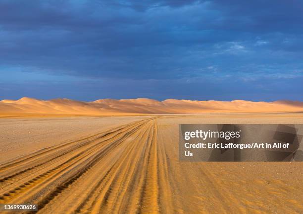 Car tracks in Rub al Khali, Najran Province, Thar, Saudi Arabia on December 30, 2021 in Thar, Saudi Arabia.