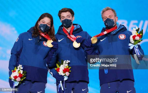 Gold medallists, Ashley Caldwell, Christopher Lillis and Justin Schoenefeld of Team United States pose with their medals during the Freestyle Skiing...