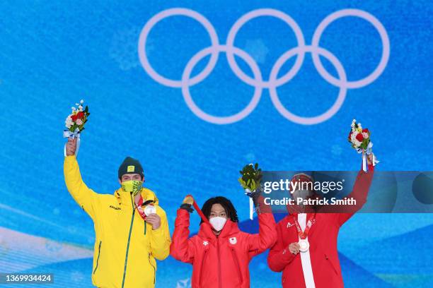 Gold medallist, Ayumu Hirano of Team Japan , Silver medallist, Scotty James of Team Australia and Bronze medallist, Jan Scherrer of Team Switzerland...