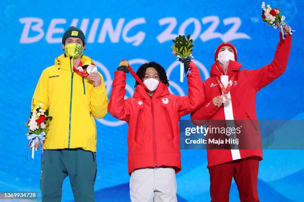 Gold medallist, Ayumu Hirano of Team Japan , Silver medallist, Scotty James of Team Australia and Bronze medallist, Jan Scherrer of Team Switzerland...