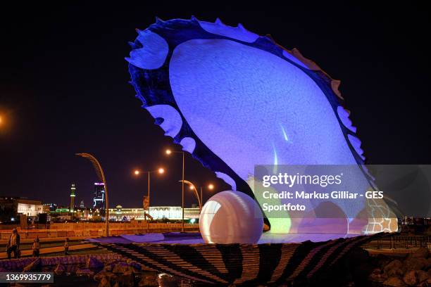 The Pearl Monument is seen on December 03, 2021 in Doha, Qatar.