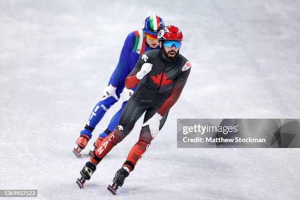 Steven Dubois of Team Canada reacts after skating during the Men's 5000m Relay Semifinals on day seven of the Beijing 2022 Winter Olympic Games at...