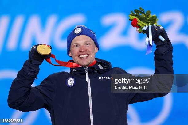 Gold medallist, Iivo Niskanen of Team Finland celebrates with their medal during the Men's 15km Classic medal ceremony on Day 7 of the Beijing 2022...