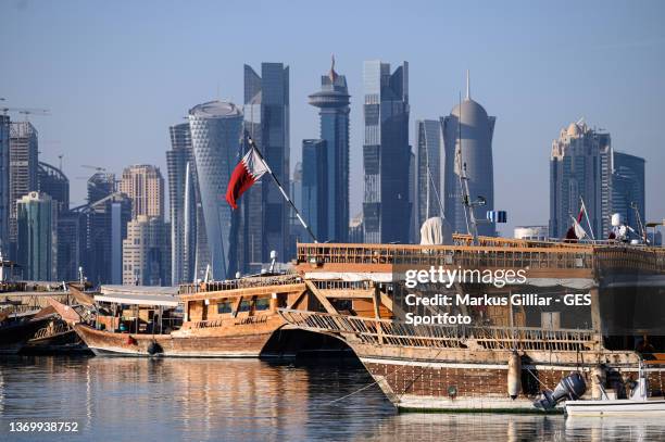 Dhow boat and the skyline of West Bay on December 05, 2021 in Doha, Qatar.
