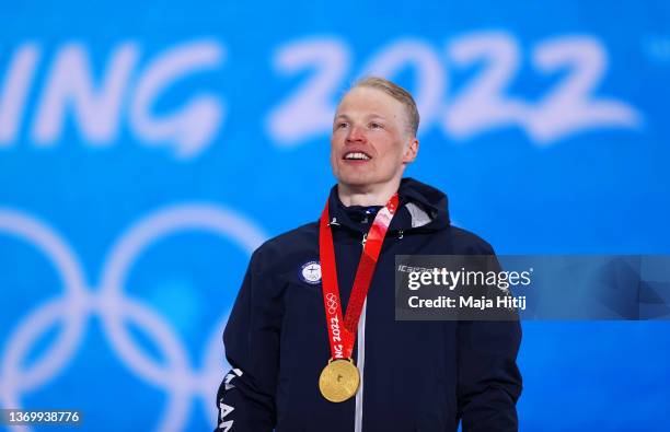 Gold medallist, Iivo Niskanen of Team Finland celebrates during the Men's 15km Classic medal ceremony on Day 7 of the Beijing 2022 Winter Olympic...