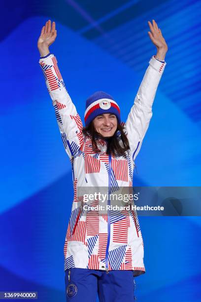 Bronze medallist, Martina Sablikova of Team Czech Republic celebrates during the Women's 5000m medal ceremony on Day 7 of the Beijing 2022 Winter...