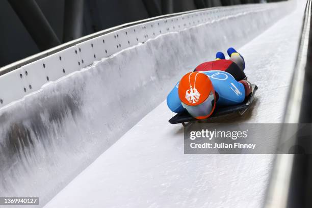 Alexander Gassner of Team Germany slides during the Men's Skeleton Heat 3 on day seven of Beijing 2022 Winter Olympic Games at National Sliding...