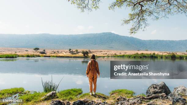 viajera contemplando la vista panorámica de las montañas y el lago con hipopótamo alojado bajo el árbol - región de arusha fotografías e imágenes de stock