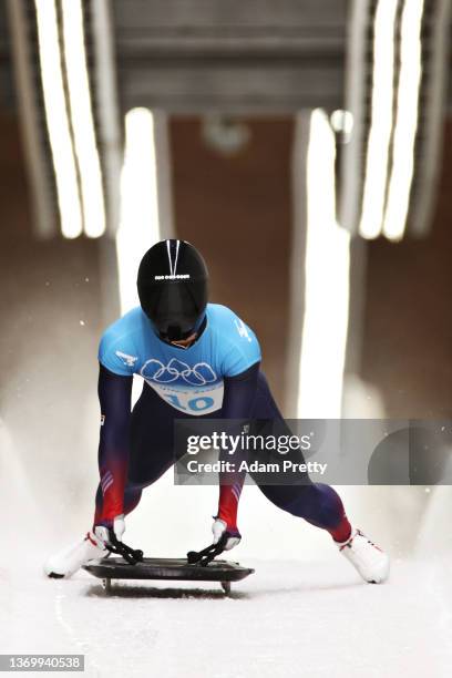 Seunggi Jung of Team South Korea slides during the Men's Skeleton Heat 3 on day seven of Beijing 2022 Winter Olympic Games at National Sliding Centre...