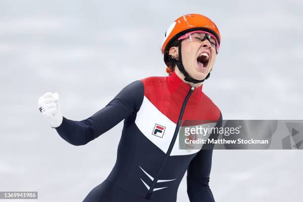 Suzanne Schulting of Team Netherlands celebrates winning the Gold medal during the Women's 1000m Final A on day seven of the Beijing 2022 Winter...