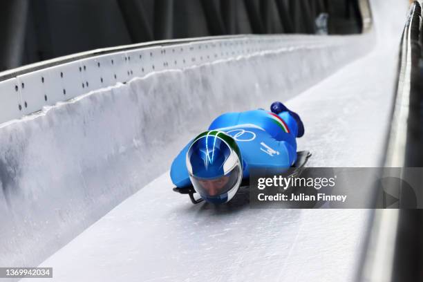 Mattia Gaspari of Team Italy slides during the Men's Skeleton Heat 3 on day seven of Beijing 2022 Winter Olympic Games at National Sliding Centre on...