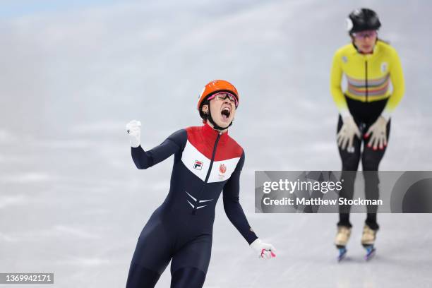 Suzanne Schulting of Team Netherlands celebrates winning the Gold medal during the Women's 1000m Final A on day seven of the Beijing 2022 Winter...