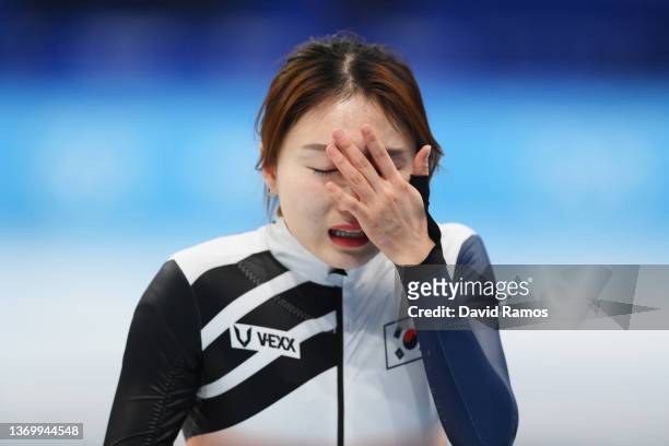 Minjeong Choi of Team South Korea reacts after winning the Silver medal during the Women's 1000m Final A on day seven of the Beijing 2022 Winter...
