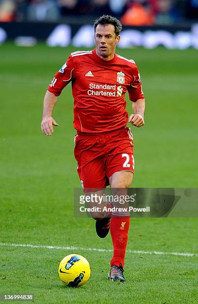 Jamie Carragher of Liverpool during the Barclays Premier League match between Liverpool and Stoke City at Anfield on January 14, 2012 in Liverpool,...