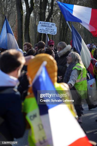 Supporters wave French national flags and cheer French anti-COVID restrictions car drivers at the foot of the Canadian National Memorial in Vimy...