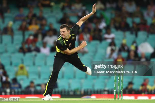 Josh Hazlewood of Australia bowls during game one in the T20 International series between Australia and Sri Lanka at Sydney Cricket Ground on...