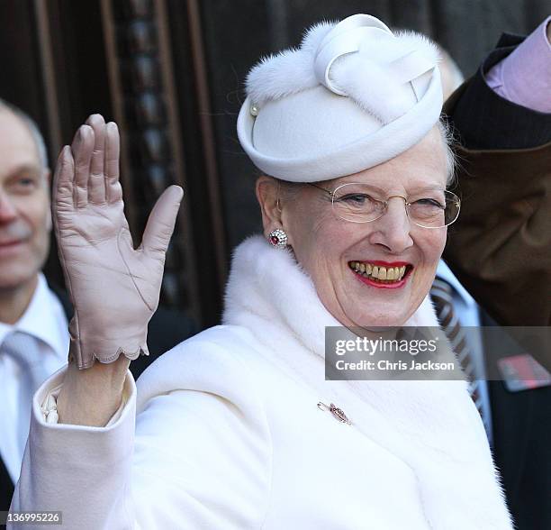 Queen Margrethe II of Denmark arrives for the official reception to celebrate 40 years on the throne at City Hall on January 14, 2012 in Copenhagen,...