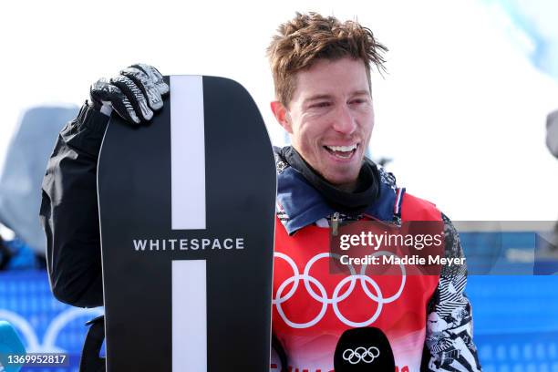 Shaun White of Team United States shows emotion speaking with the press after finishing fourth during the Men's Snowboard Halfpipe Final on day 7 of...