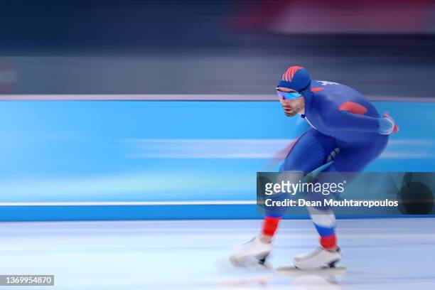 Alexander Rumyantsev of Team ROC skates during the Men's 10000m on day seven of the Beijing 2022 Winter Olympic Games at National Speed Skating Oval...