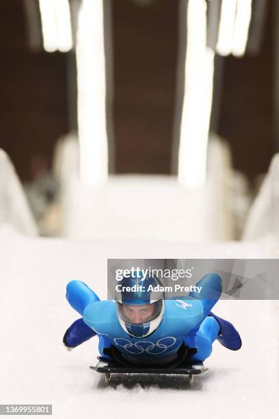 Mattia Gaspari of Team Italy slides during the Men's Skeleton Heat 4 on day seven of Beijing 2022 Winter Olympic Games at National Sliding Centre on...